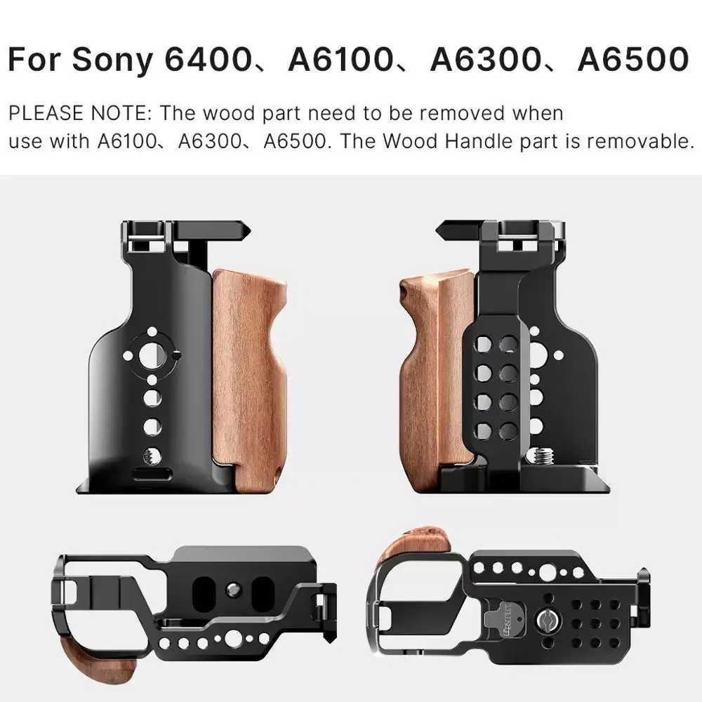 

UURig Metal Cage Case for Sony A6400 A6300 A6100 A650 with Wooden Handle Cold Shoe 1/4 Screw 3/8 Screw for Microphone LED Light