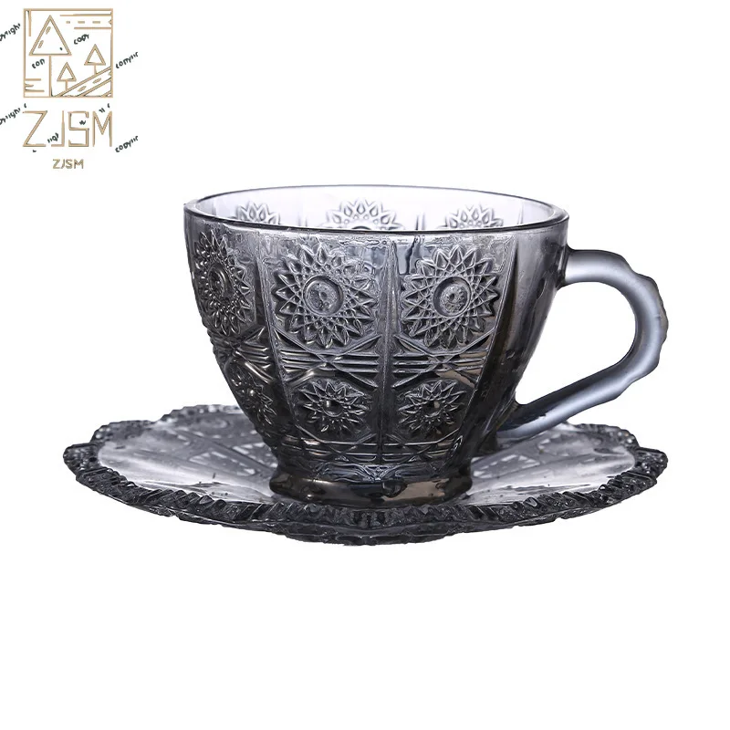 

Nordic Vintage Relief Flower Pattern Coffee Mugs Luxury Water Cafe Tea Milk Cups Condensed Coffee Glass Cup Saucer Suit Set