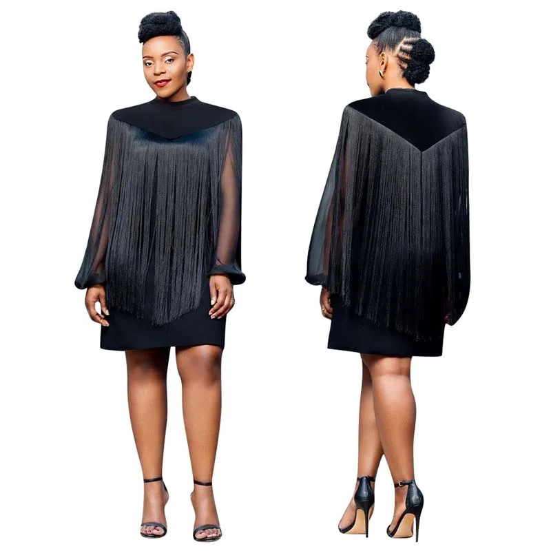 Черное платье с кисточками Женская африканская одежда шифоновый комплект из