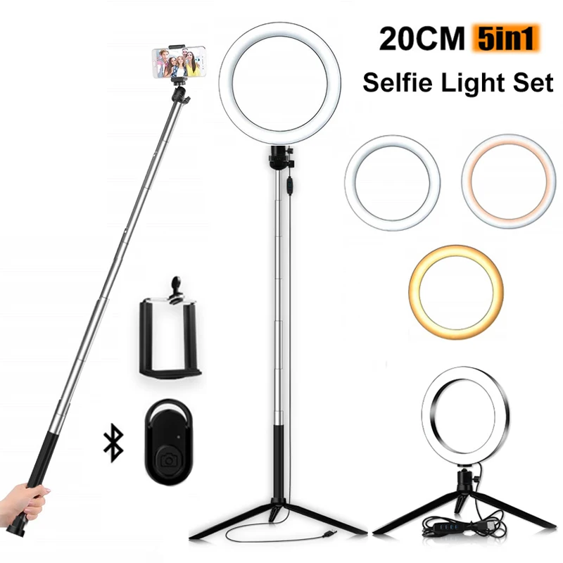 

6/8inch LED Selfie Ring Light Phone Stand Tripod Kit Dimmable Photo Studio Live Stream Lamp Makeup Photography Video Live Stream