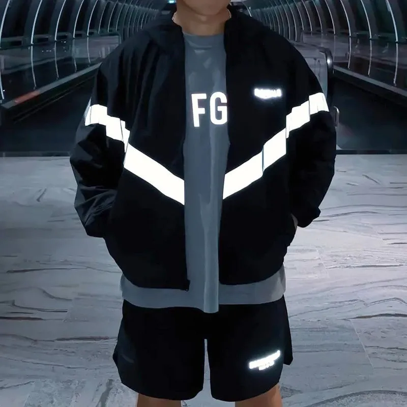 

Reflective Men's Essentials Jacket Men Women 1:1 Best Quality Black Windbreaker Coat Long Ribbon Essentials Jackets Top Quality