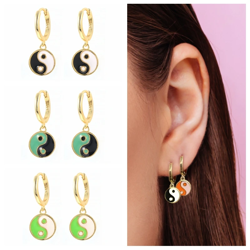 

CANNER Mini Yin Yang Oil Drop Enamel Earrings For Women 925 Sterling Silver Earrings Hoops Pendientes Plata 2021 Fine Jewelry