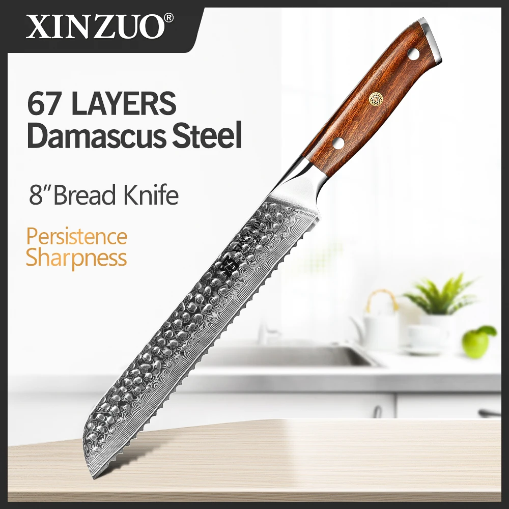 

XINZUO 8'' Inch Serrated Knife 67 Layer Damascus Steel VG10 Steel Core Blade Damascus Cut Razor Sharp Chef's Kitchen Tools