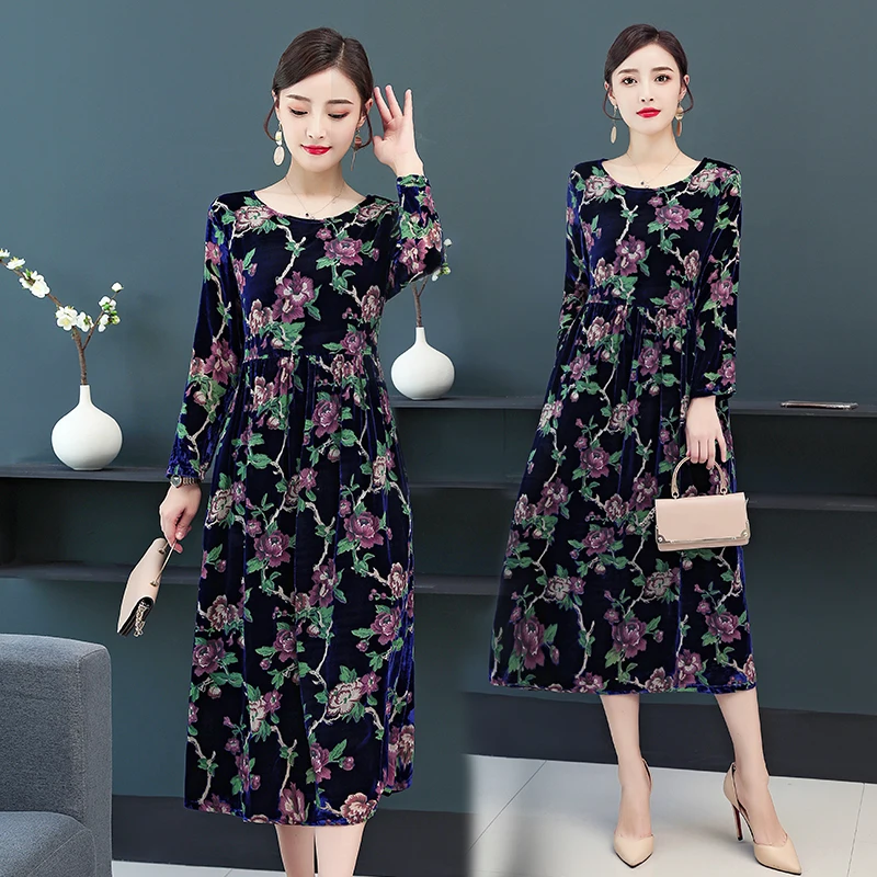 Бархатное платье CHUNLI большого размера 2019 золотистого цвета женское осенне