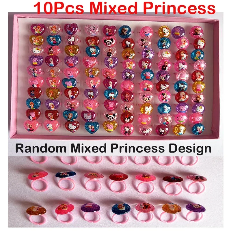 10Pcs Mix Princess 10 шт. мини Мультяшные кольца для детей на день рождения, подарки для мальчиков и девочек, подарочные сумочки для детского сада, вечерние игрушки - Цвет: 10Pcs Mix Princess