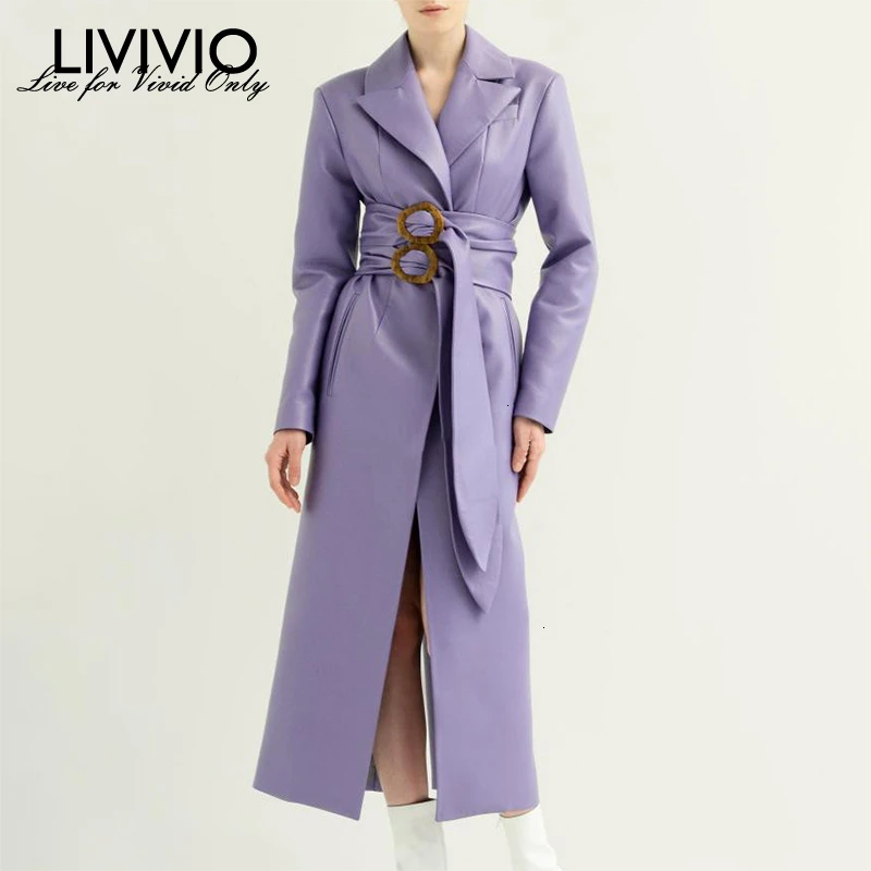 [LIVIVIO] элегантные женские пальто из искусственной кожи с зазубренным воротником, длинным рукавом, высокой талией и поясом для женщин, осенняя модная одежда