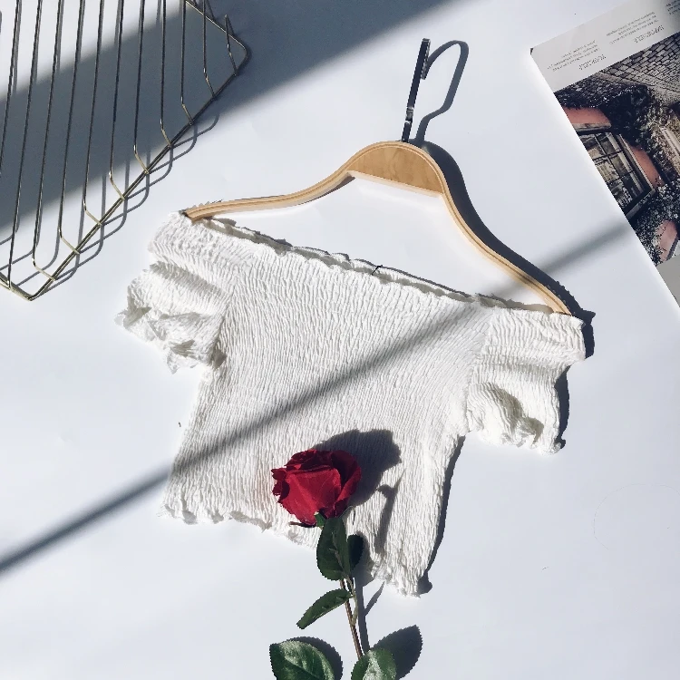 Short Tops Элегантная женская мини-рубашка с вырезом лодочкой, повседневная, милая, женская, короткий рукав, эластичная, высокая талия, тонкая блуза, сексуальная, короткий топ - Цвет: Short Tops
