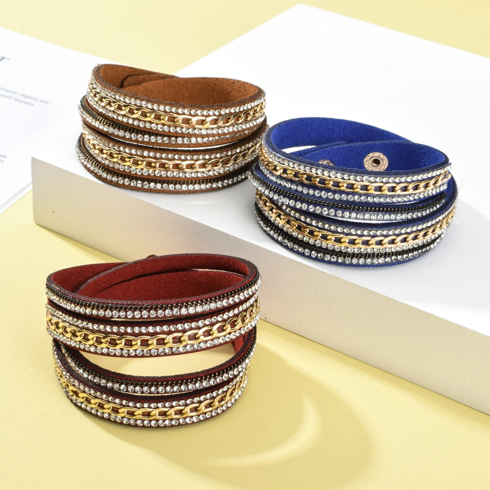 Винтажный Многослойный кожаный браслет и с цепочкой из сплава кристаллами для