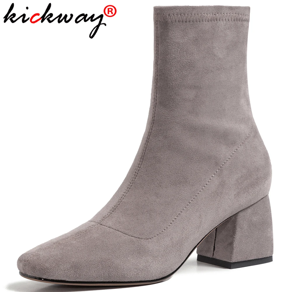 

Kickway New Ankle Boots Autumn Square Toe Stretch Flock Sock Boots Plus Size High Heels Female Slip On Lady Shoes Plus Size 40