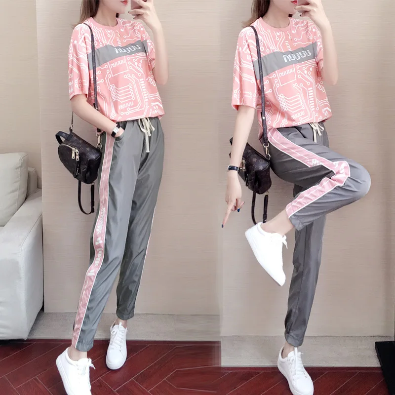 

Streetwear Women's Tracksuit O-Neck Pullover Short Sleeve Irregular Pattern T-shirt Casual Harem Pants Pencil Slim Trousers Girl