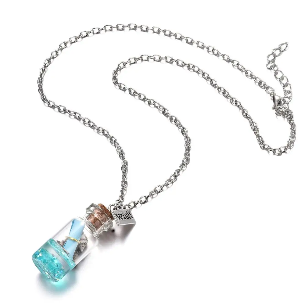 Цепочка с подвеской в виде бутылки желаний прозрачным стеклом бумага