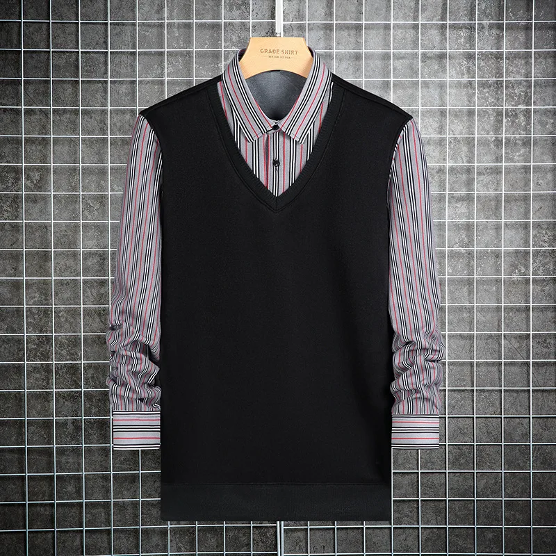 

LUCLESAM Зимняя Мужская имитация из двух частей утолщенный теплый и бархатный свитер рубашка деловая Мужская одежда для вечеринки