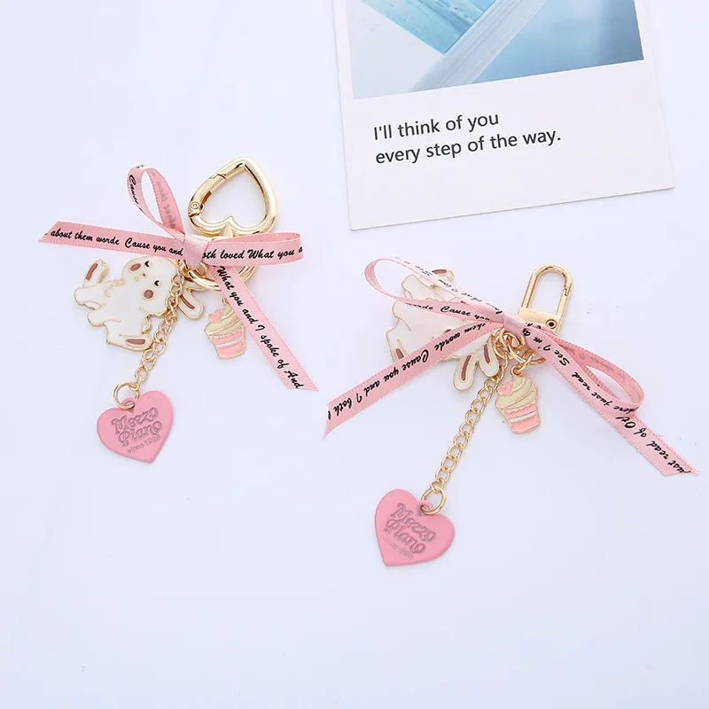 

Pink Heart Ribbon Bow Alloy Key Chain Charms Kawaii Accessories Pendant Phone Charm Car Keychain Couple Gifts
