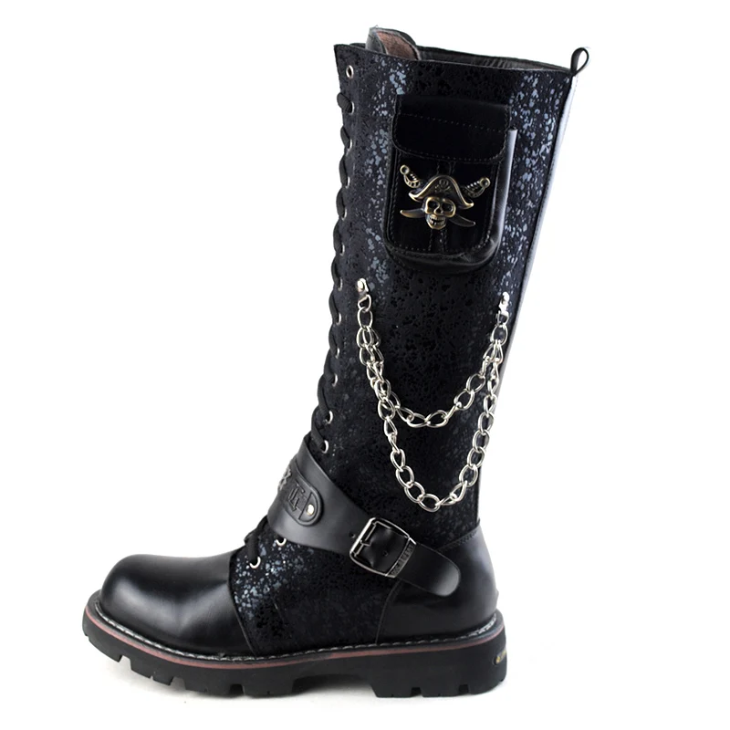 

Vintage Mens Long Boots Big Size Retro Botas Men Warm Mens Army Boots Skeleton Chain Decorations Mid-calf Boots for Men