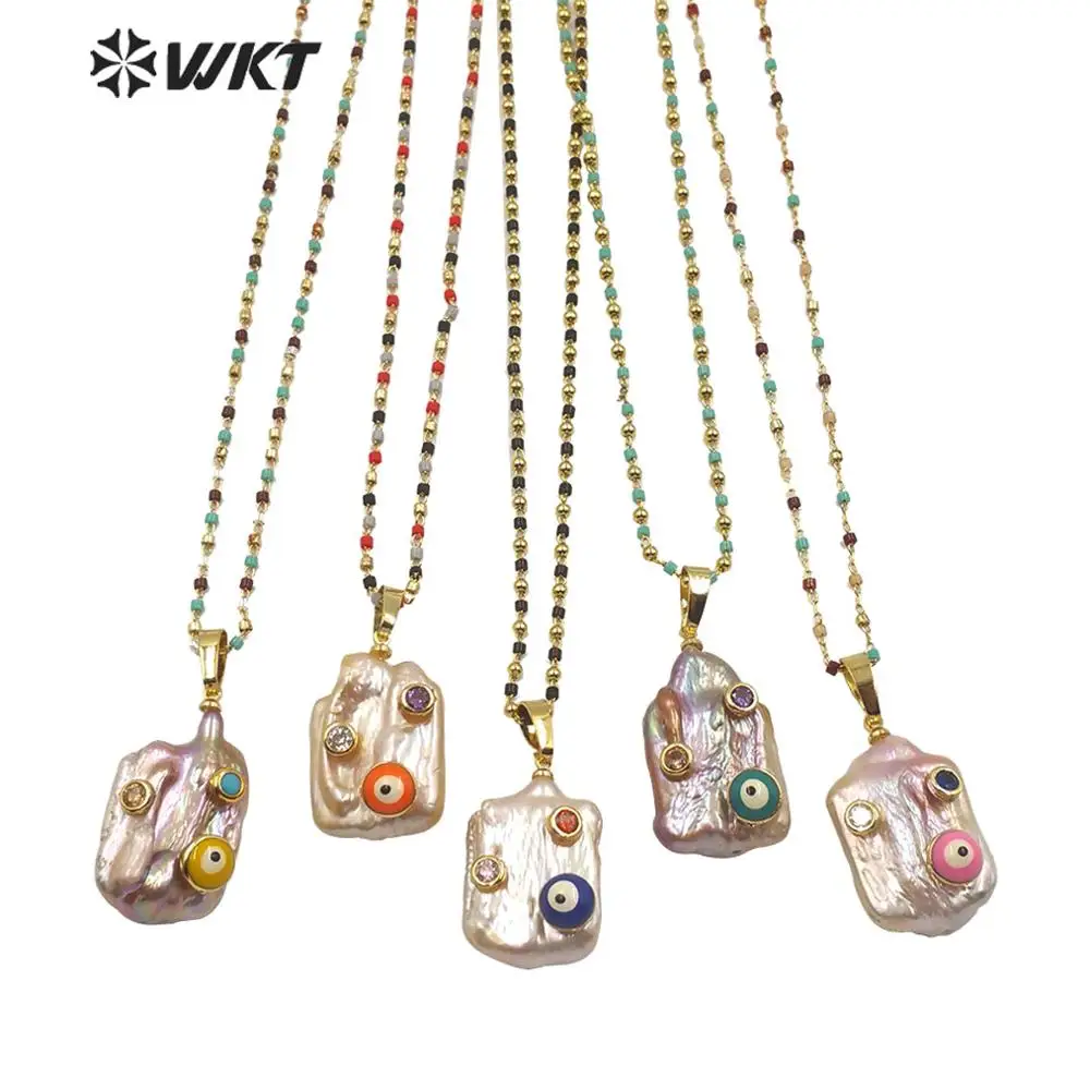 

WT-MN960 WKT Natural Pearl Necklace Square Pearl With Evil Eye Charm Necklace Gold Electroplated Women Fashion Necklace Jewerly