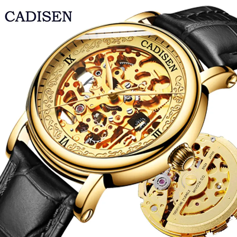 Golden CADISEN новые мужские часы Топ люксовый бренд автоматические механические часы MIYOTA 8N24 полые золотые спортивные часы кожаные повседневные деловые часы из нержавеющей стали сапфировые часы в ретро-стилечасы в ретро - Цвет: Golden
