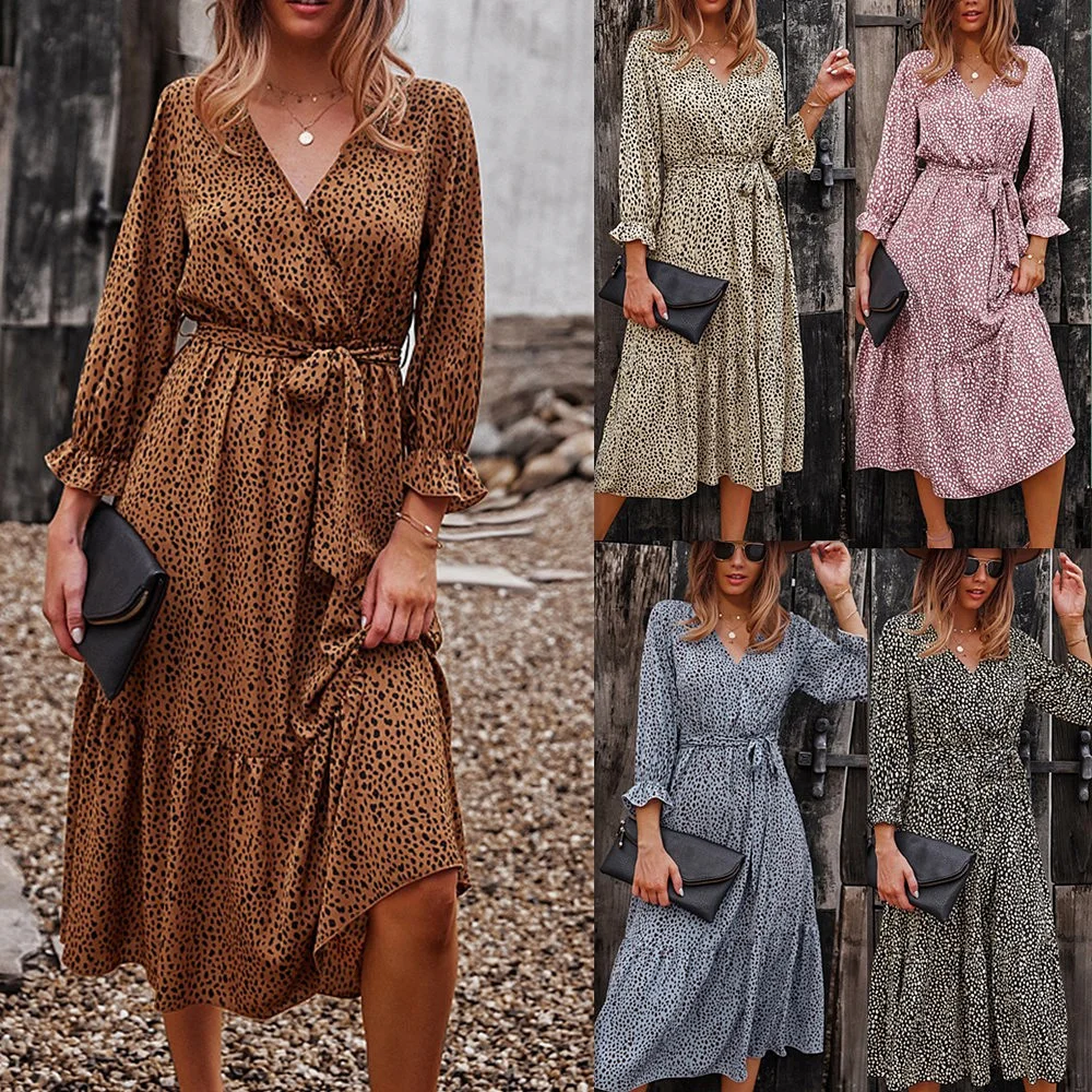 

Independent leisure vacation style 2021 broken flower long sleeve autumn and winter dress large swing skirt