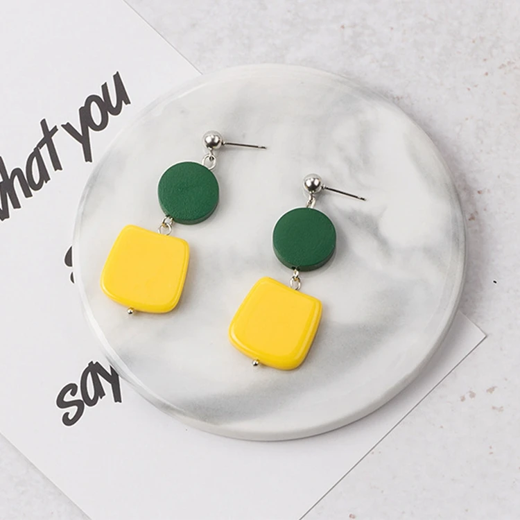 2019 модные деревянные серьги геометрические круглые зеленые желтые квадратные