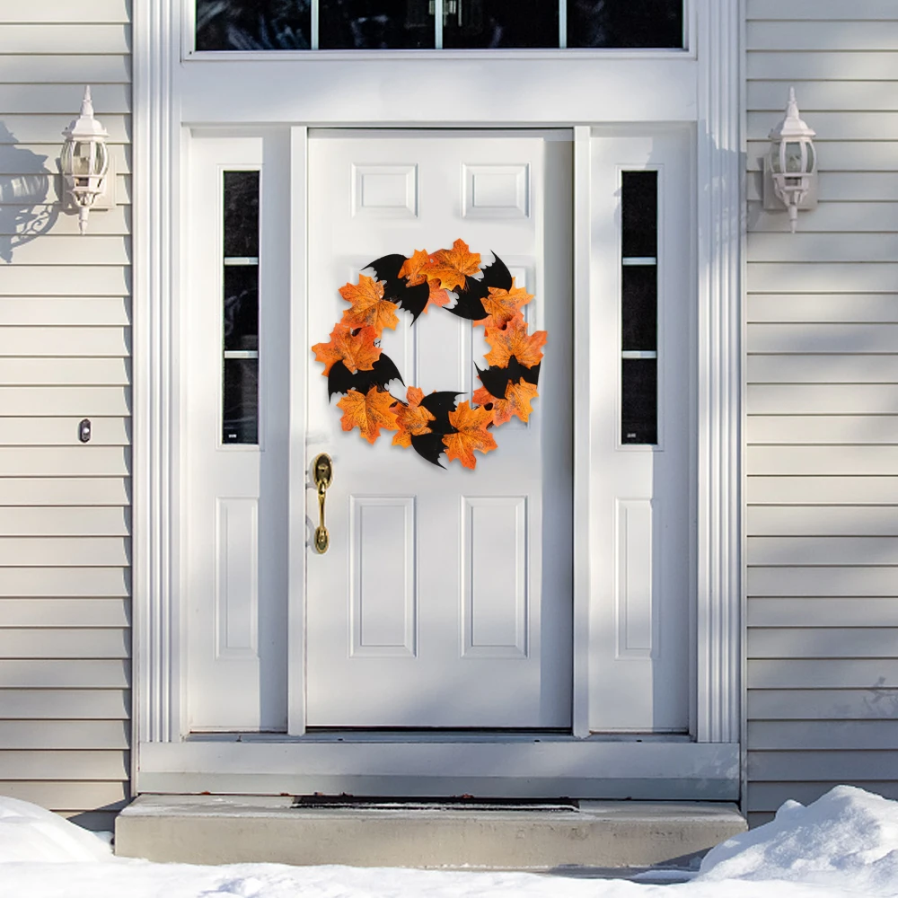 

2020 New Halloween Room Decoration Thanksgiving Decor Bat Wreath Pendant Window Door Hanging Bat Maple Leaf Wreath