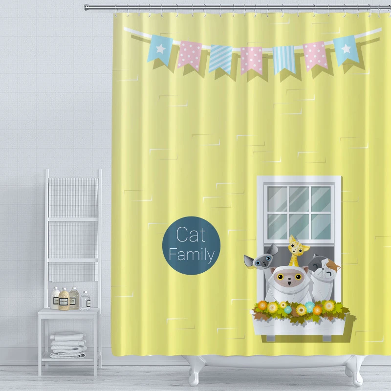 

Cartoon Cat Family Yellow Shower Curtain Set with 12 Hooks Bathroom Decoration