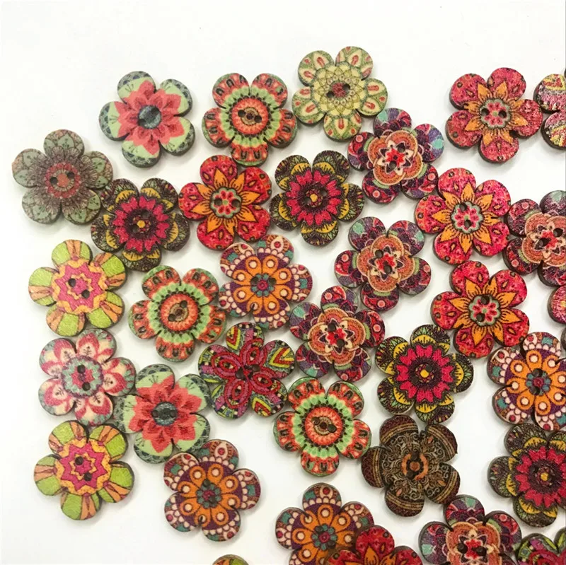 

500PCS Painted Flower Wood Buttons for Handwork Sewing Scrapbook Clothing Crafts Accessories Gift Card 20MM 25MM 2-Holes Button