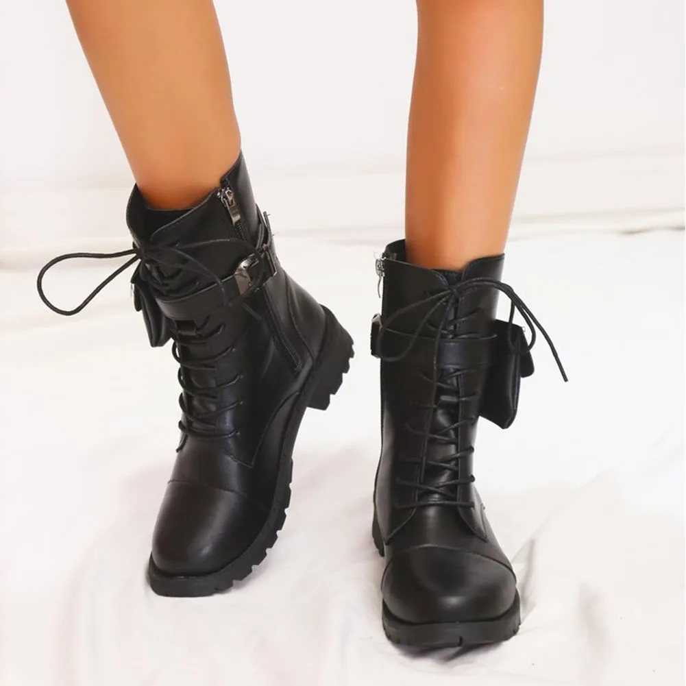 

Large Size 43 Autumn Spring Women Ankle Boots Chunky Heels Shoelace Packet Motorcycle Short Boots Women Street Cool Goth Shoes