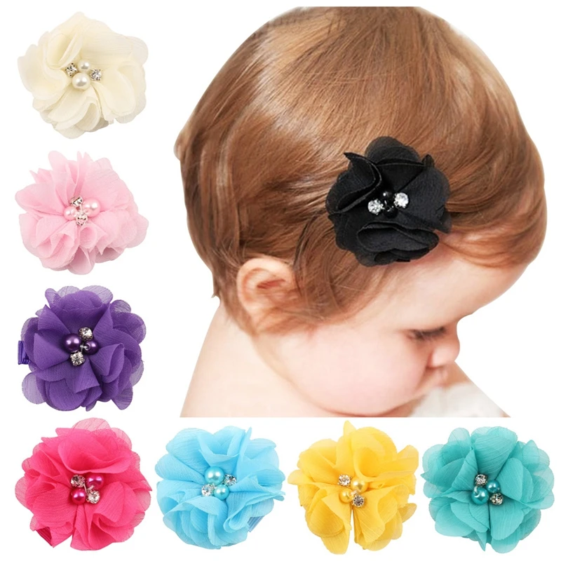 

10Pcs Baby Chiffon Flower Hair Clips Rhinestone Toddler Hairpins Girls Headdress