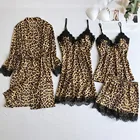 Женские пижамные комплекты с леопардовым принтом 2020, атласная одежда для сна, шелковая пижама из 4 предметов, кружевная Пижама для сна и отдыха с нагрудными подушечками
