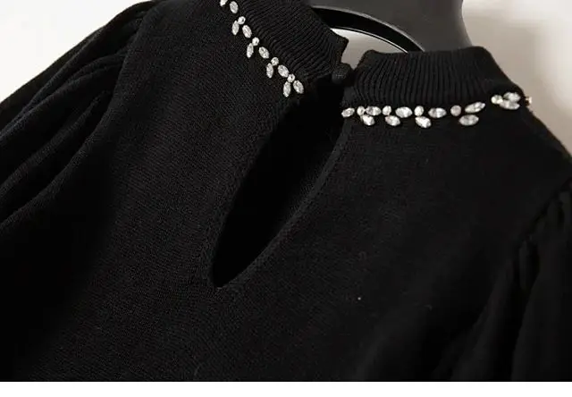 

2021 Spring New Fashion Puff Sleeve Neckline Nail Drill Back Hollow Knit Pullover Women's Pure Color Sweater