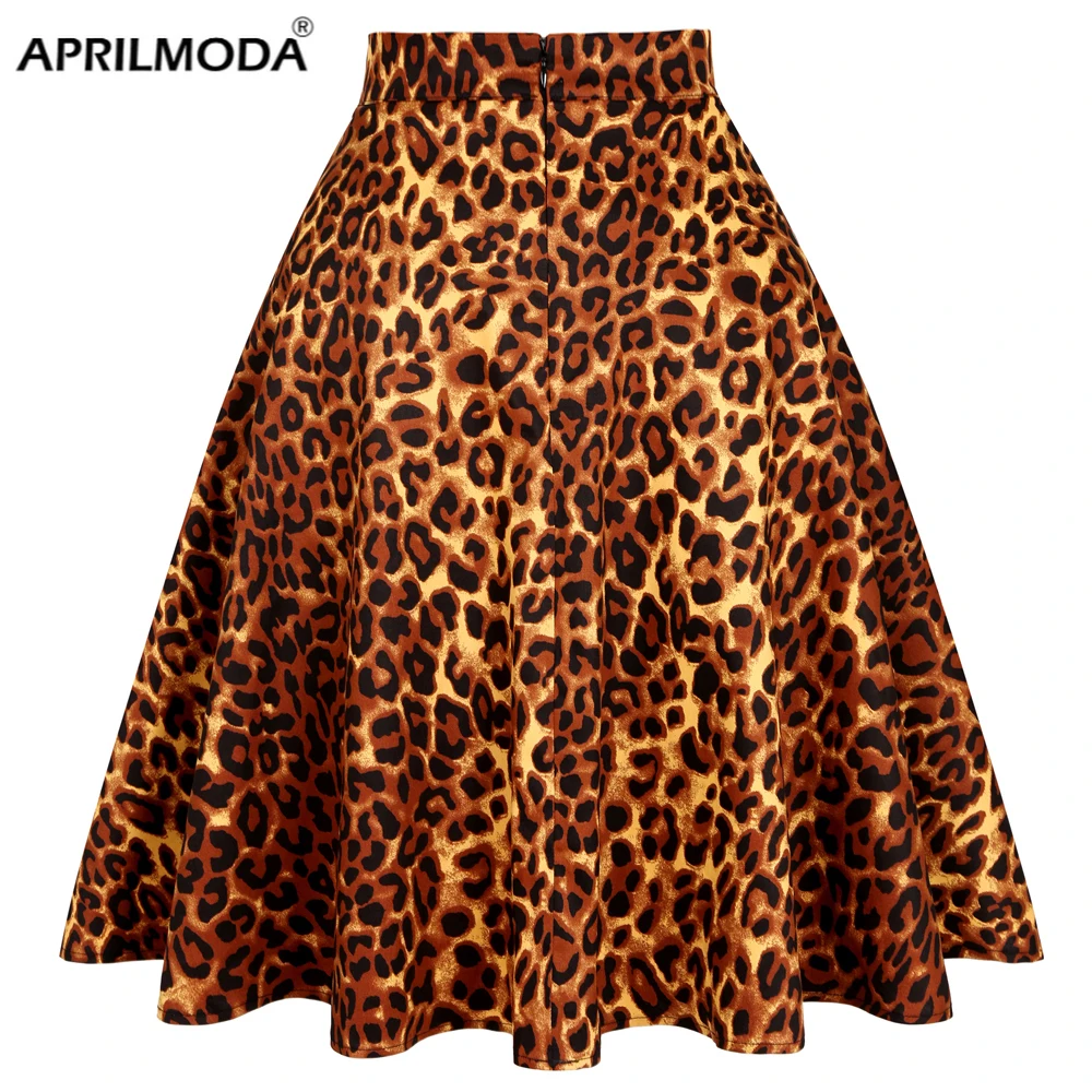 

2021 Summer Women Short 50s 60s Skirts Retro Vintage Leopard Printed High Waist School Girls Swing Rockabilly Casual Sundress