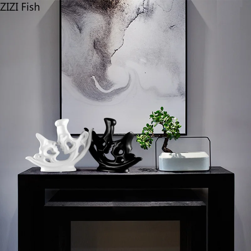 Парные обнимающие абстрактные статуэтки черные белые украшения для стола
