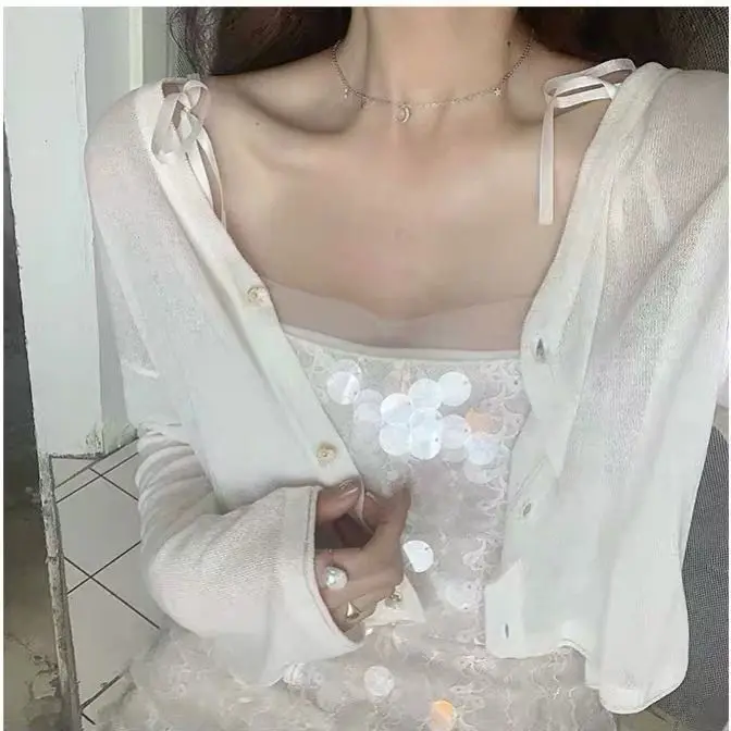 

new fashion girl summer knitted jacket slim short Cropped Cardigan women summer full sleeve v-neck blouse