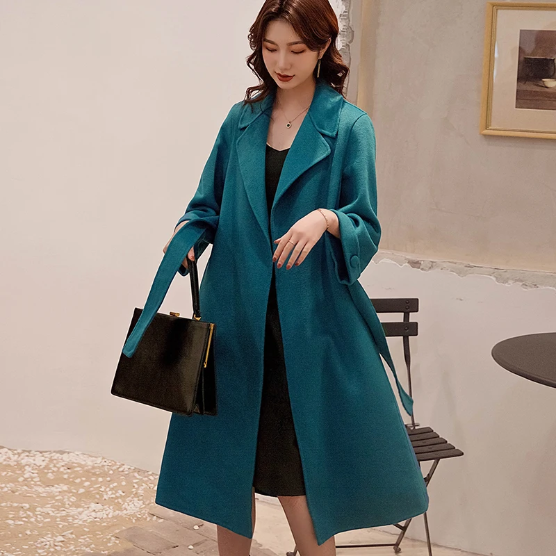 Peacock blue Женское пальто, кашемировое, двухстороннее, свободное,, осень и зима, новое, Хепберн, ветровка, одноцветное, длинное, до колена, из чистой шерсти, шерстяное пальто - Цвет: Peacock blue