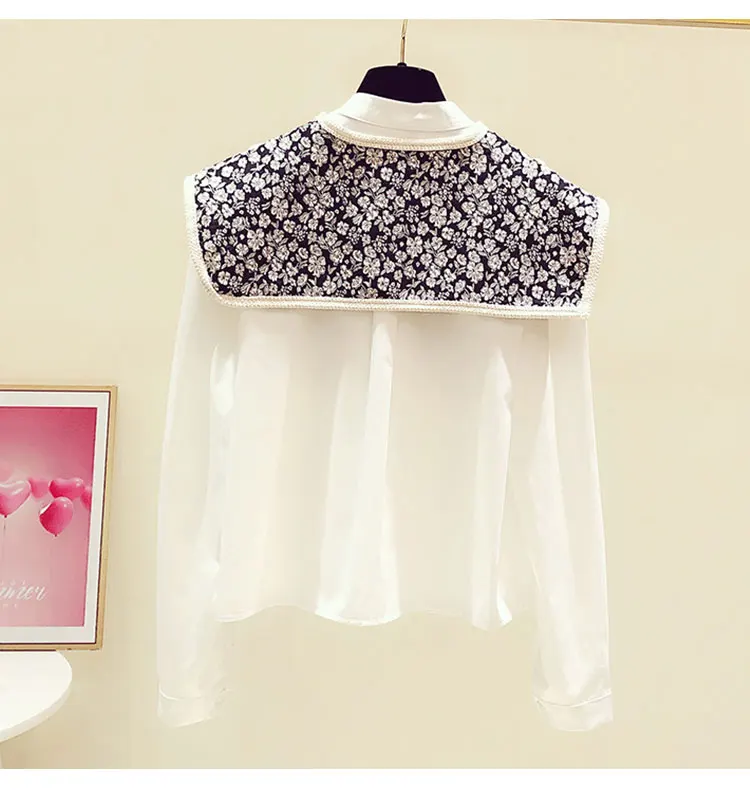 

2021 Spring New Blouse Retro Floral Shawl Two-Piece Vest Set Loose Vintage Top Long Sleeve White Shirt Blusas Camisas Mujer
