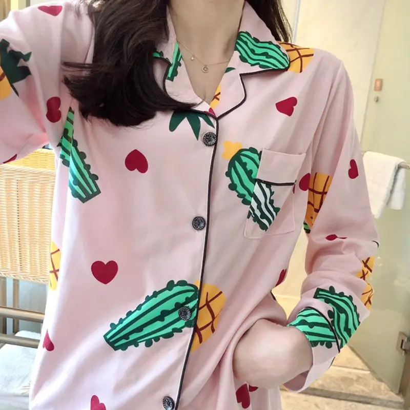 Женский пижамный комплект Kawaii С мультяшным принтом, пижама с длинным рукавом, на пуговицах, с круглым вырезом, свободные штаны, домашняя одежда, M-2XL, 19 видов стилей