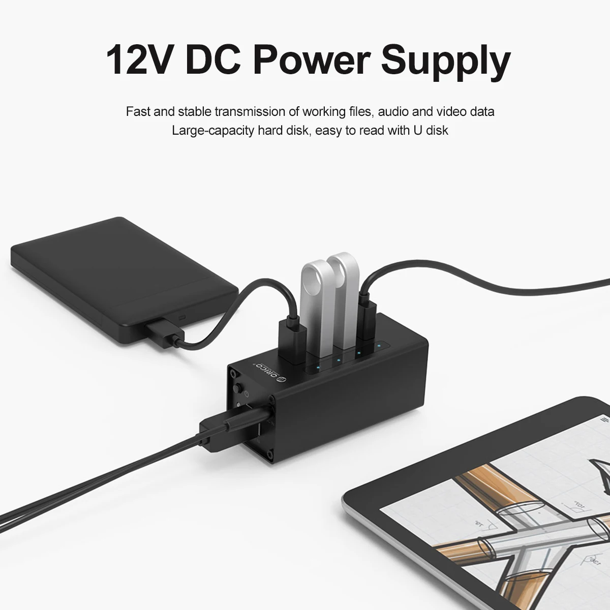 ORICO Алюминиевый USB 3 0 концентратор с 12V внешним источником питания сплиттер