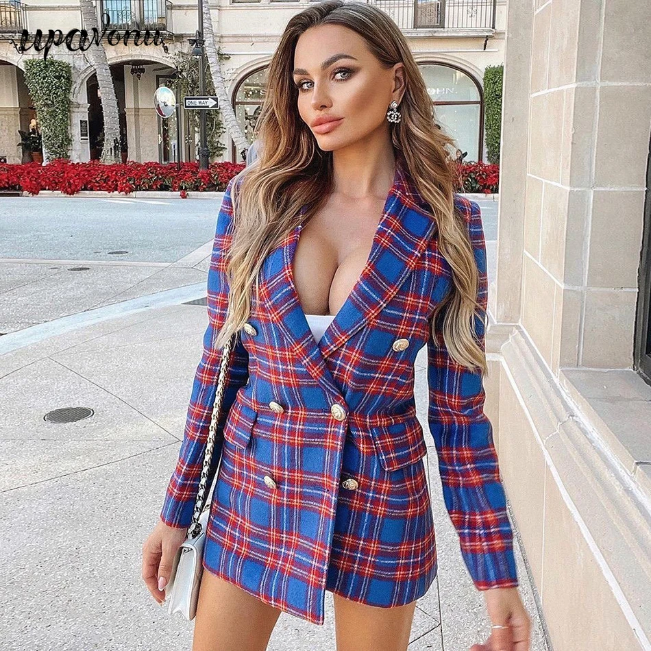 Free Shipping High Quality Red Plaid Blazer Women's Elegant Notched Lapel Long Sleeve Gold Double Breasted Slim Fit Blazer 2021