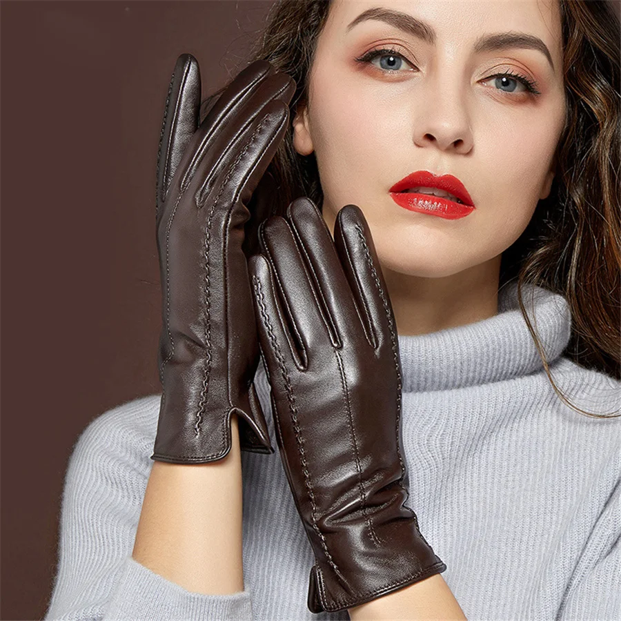 Women Genuine Leather Gloves Sheepskin  Leather Gloves Winter Warm Short Thin Touch Screen Autumn Winter Driving Mlz005