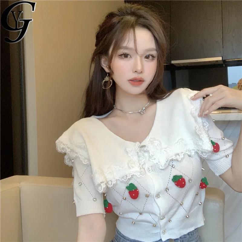 

Korean Fashion Knitted Short Sleeve Women Tops and Blouse Kawaii Harajuku Strawberry Print Ladies Shirts Chemise Oversize Femme