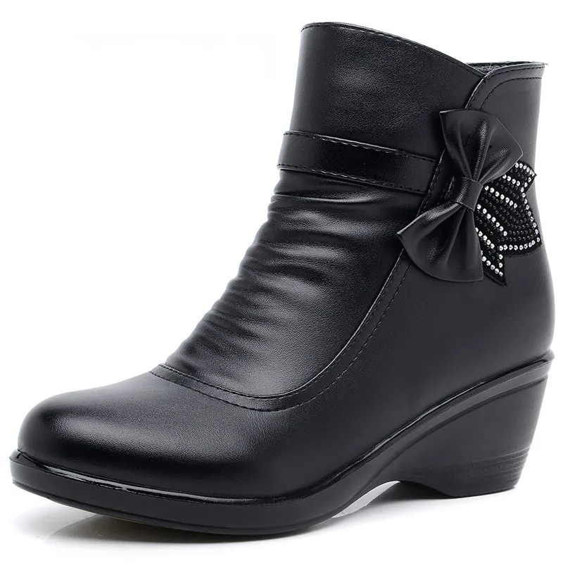 

Ladies boots Leather Bow-knot Comfortable Winter boots for women Soft Plush Ankle boots women With Heels Wedge