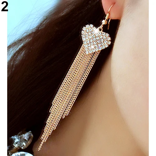 Женские длинные висячие серьги с кристаллами и кисточками в форме сердца для