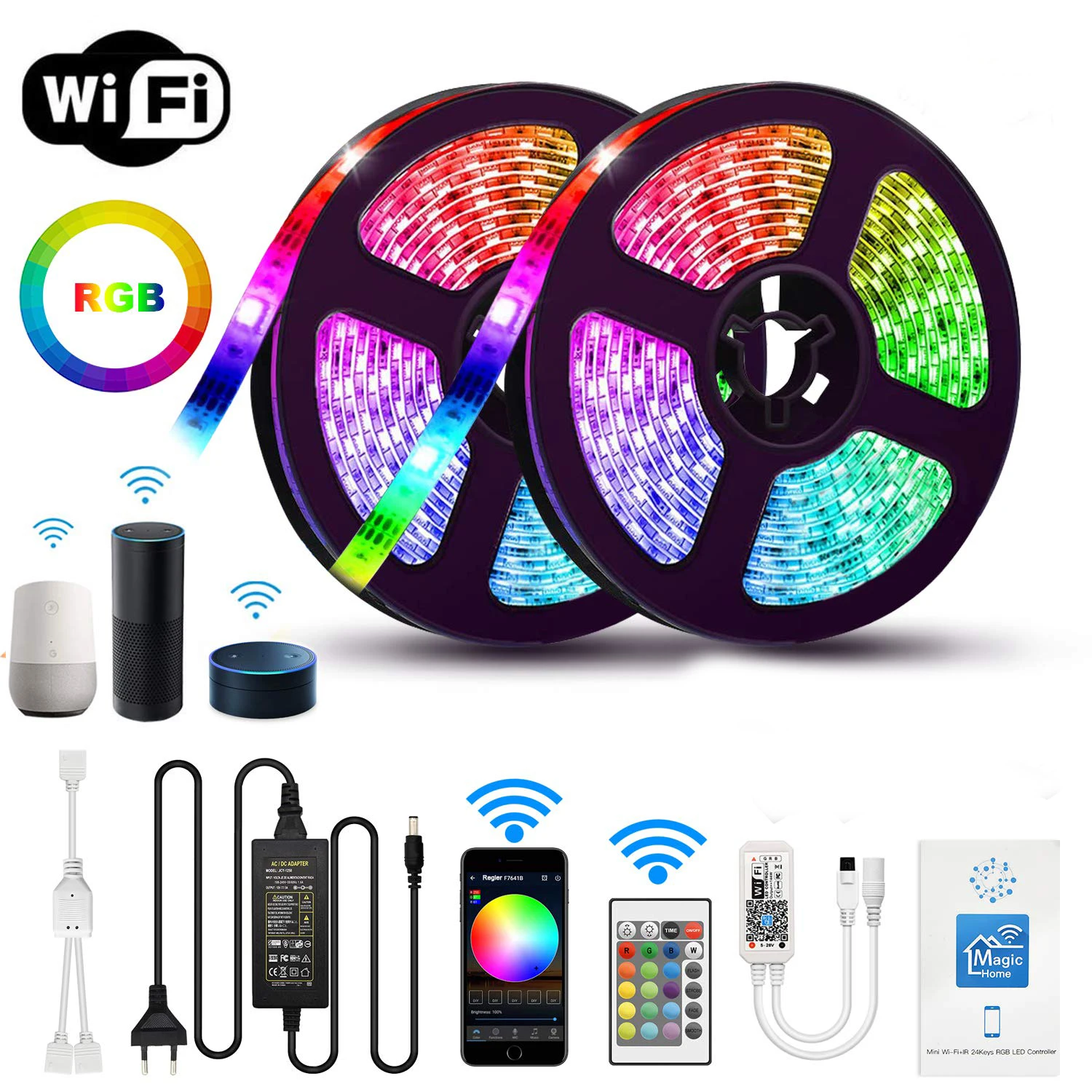 5m 10m 15m WiFi LED Strip Light RGB Waterproof SMD 5050 2835 DC 12V rgb Google Home Alexa Ribbon Contoller Adapter plug | Освещение