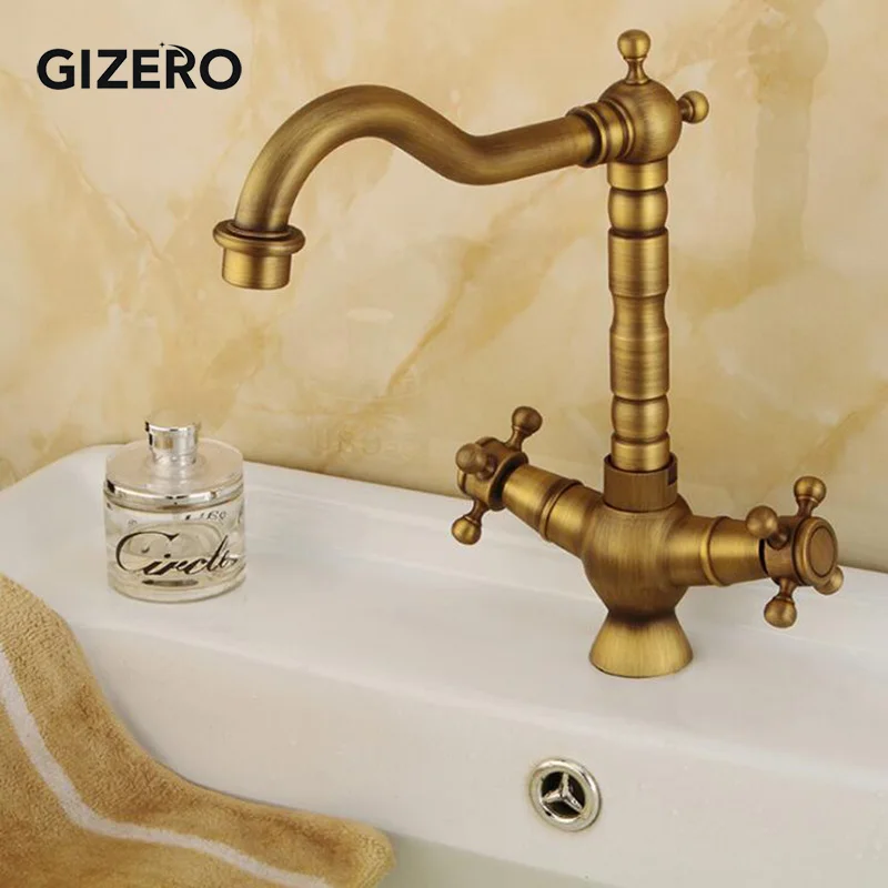 Античный кран с двойной ручкой Ванная комната латунный смеситель для раковины