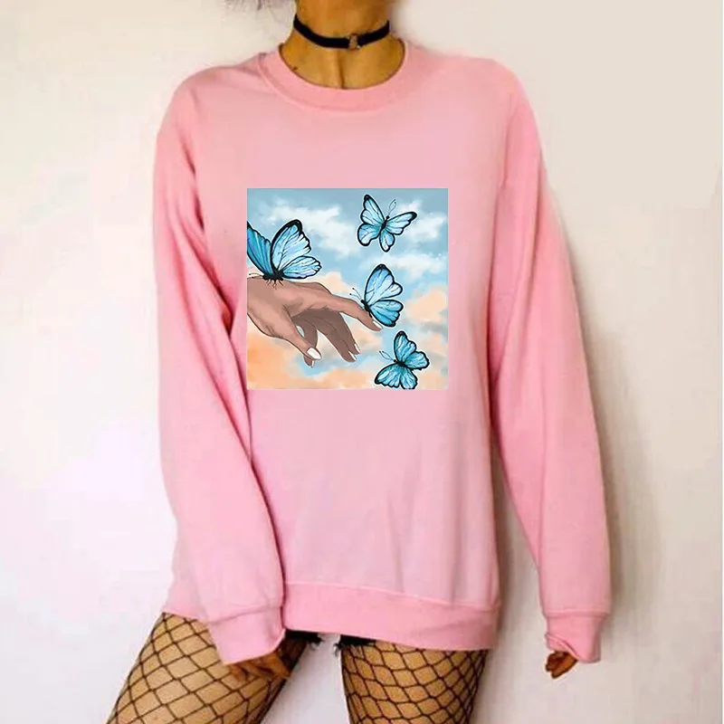 

Women Hoodie Fingertip Butterfly Printed Hoodies Women Fleece Long Sleeve O Neck Loose Sweatshirt Girls Pullovers Winter