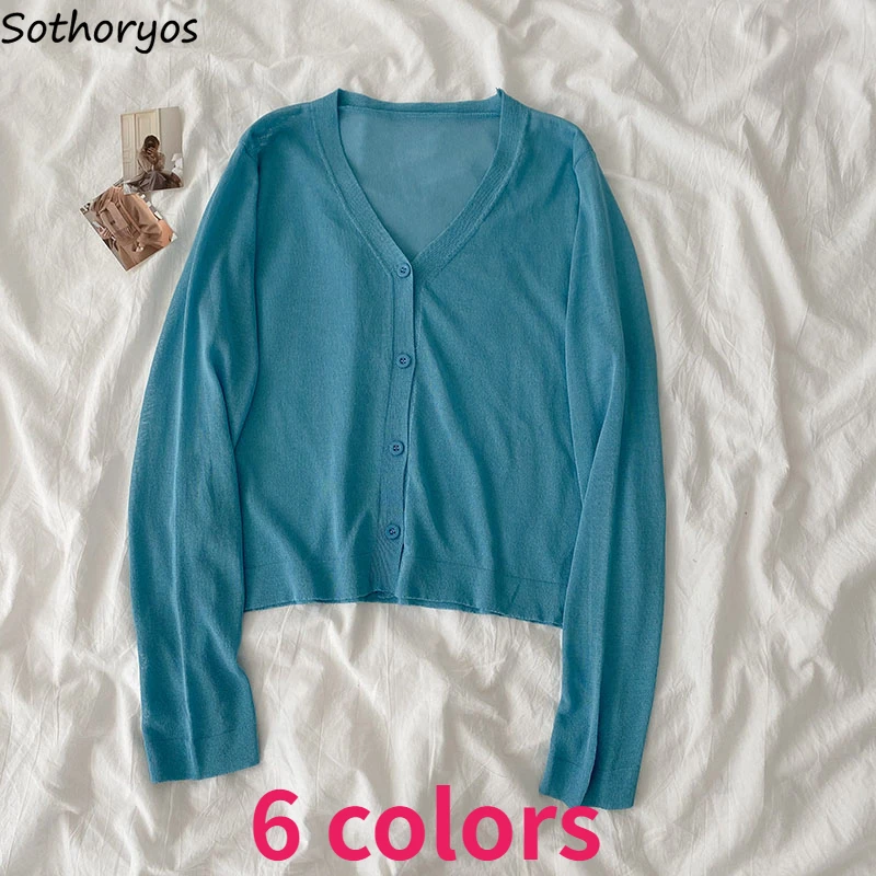 

Women Cardigan Slim Button Thin V-neck Outwear All-match Korean Style Fashion Leisure Elegant Single Breasted Candy Colors Chic