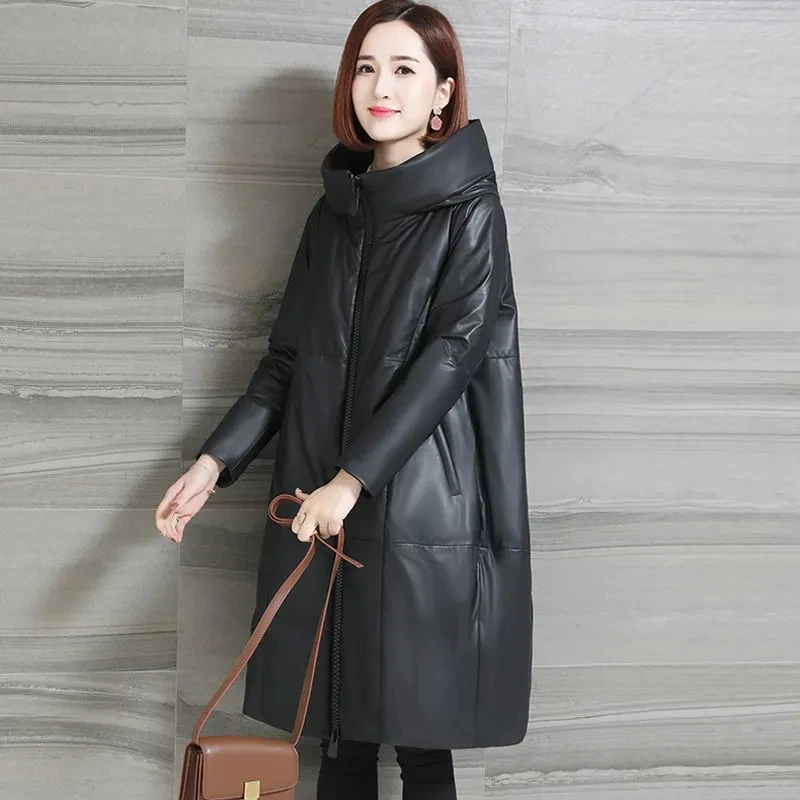 Long Lint Dress Plus Velvet 2022 Women's Leather Padded Jacket Winter Haining Commuter Imitation Fur Coat Solid Color