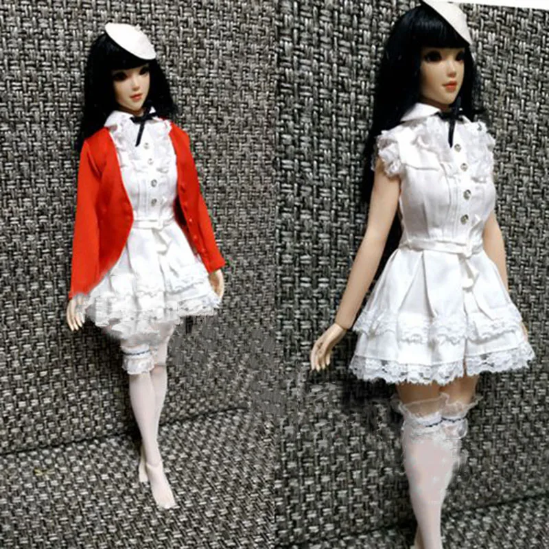 

1/6 Scale Female Soldier Cute Mini Dress White Lace Lolita Skirt and Red Cardigan Clothes Set For 12inch Action Figure Model