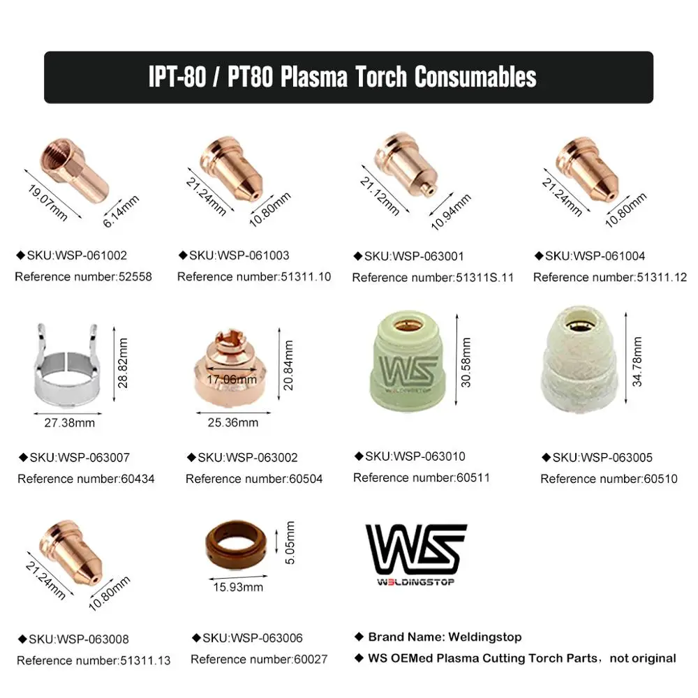 

PTM80 PTM-80 IPT-80 IPT-80 PT80 Plasma Cutter Torch Consumables Electrode Tip/Nozzle 1.1mm/1.2mm/1.3mm PKG/100