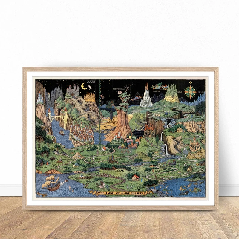 Карта детской комнаты Картина на холсте с надписью Land of Make Believe винтажная