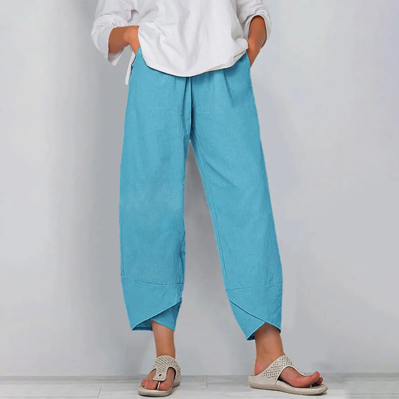 

Women Casual Linen Pants Trousers Solid Color White Purple Green Elastic Waist Pants Sweatpants Pantalones De Mujer